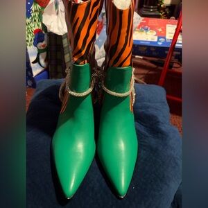 Green and Orange Striped Boots with Silver Accents